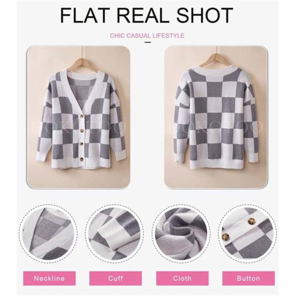 NEW Womens Plaid V Neck Button Down Long Sleeve Cable Knit Oversized Cardigan - Picture 5 of 6